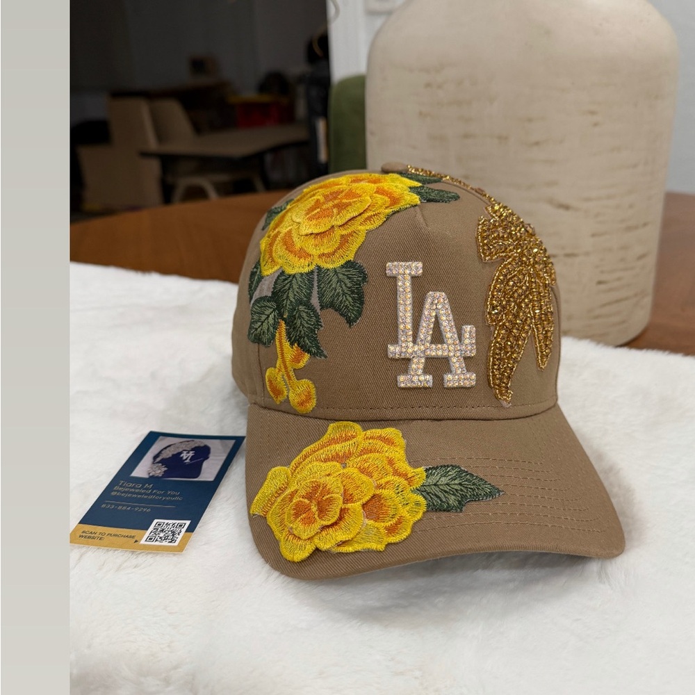 Tan Cap with Yellow Floral Embroidery